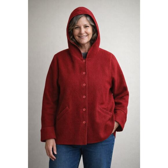 Herman Geist Jackets & Blazers - Vintage HERMAN GEIST XL Red Boiled Wool With Hood Button Down Jacket Warm